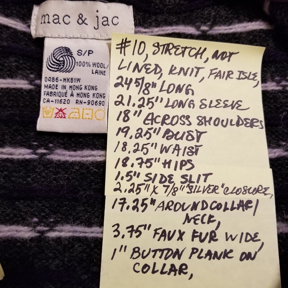 ✅#10 Mac & Jac Grey Multi-Color Wool Fair Isle Hand Knit Cardigan Removable Fur! - Picture 16 of 16